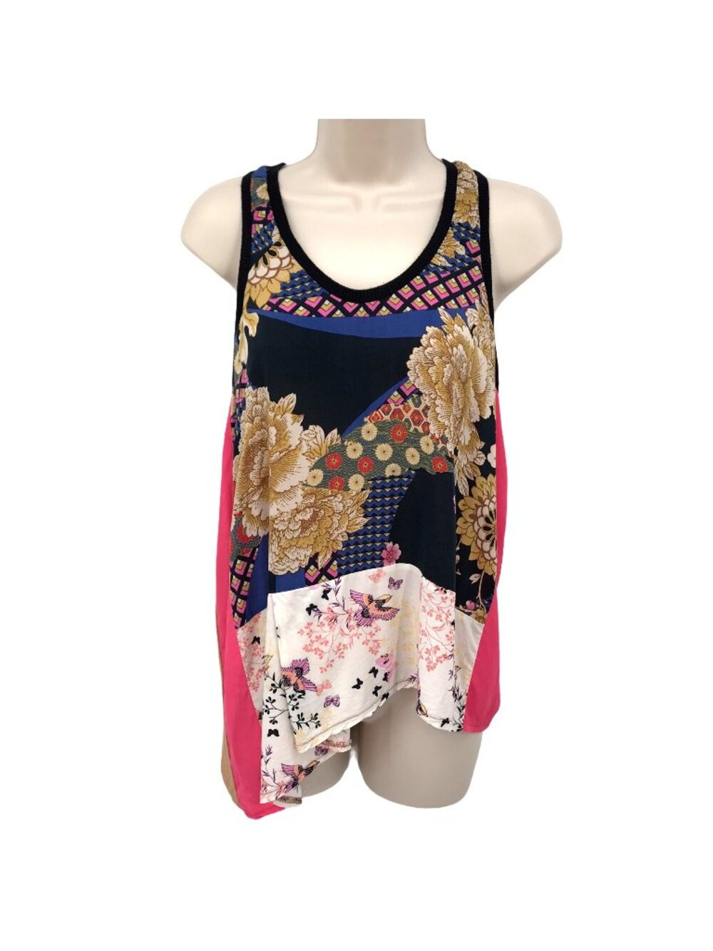 Zara W&B Collection Multicolor Floral & Bird Print Asymmetrical Hem Tank Top M